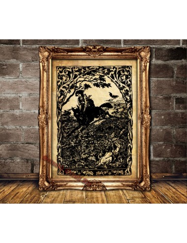 Witch riding wolf print,...